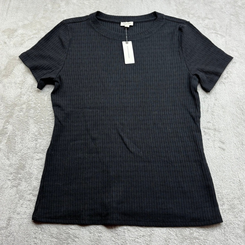 Pilcro Short Sleeve Top Womens L Black Pointelle Ribbed Crew Neck Pointelle Chic